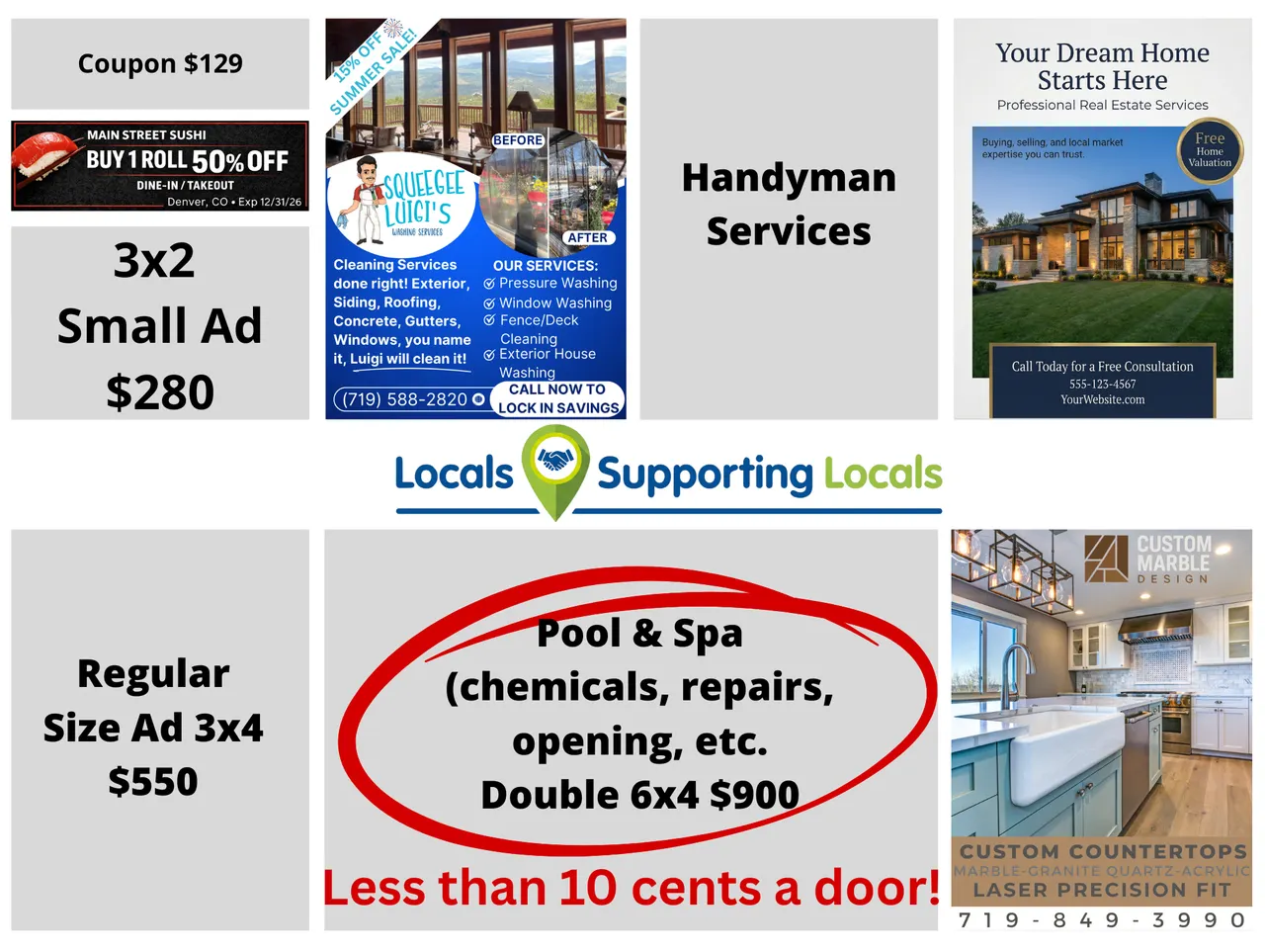 Real co-op mailer card with ads from $129 coupon to $900 double size — less than 10 cents a door